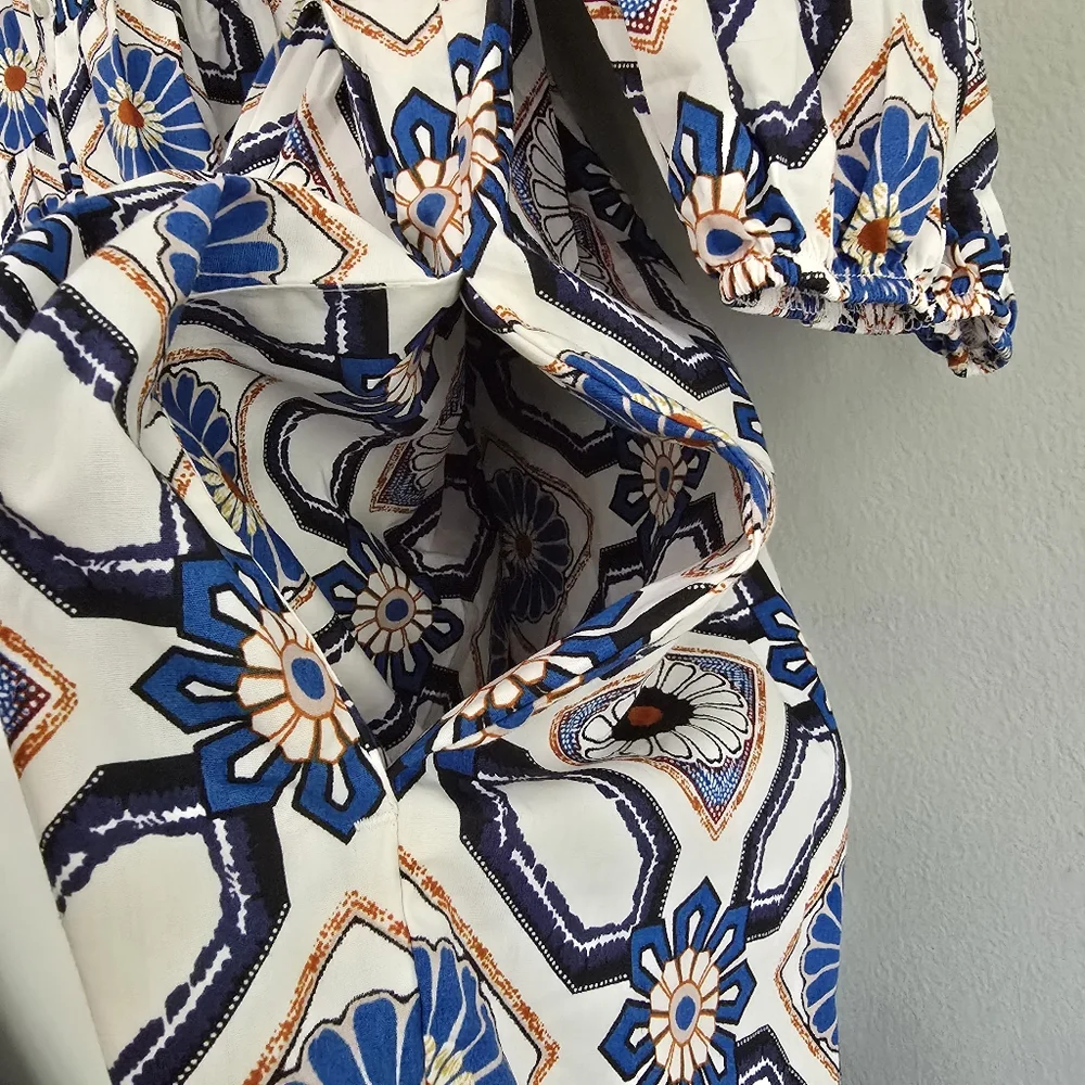 Anthropologie Maeve The Bettina in Sapphire White Tile Tiered Shirt Dress, Large - Picture 8 of 13